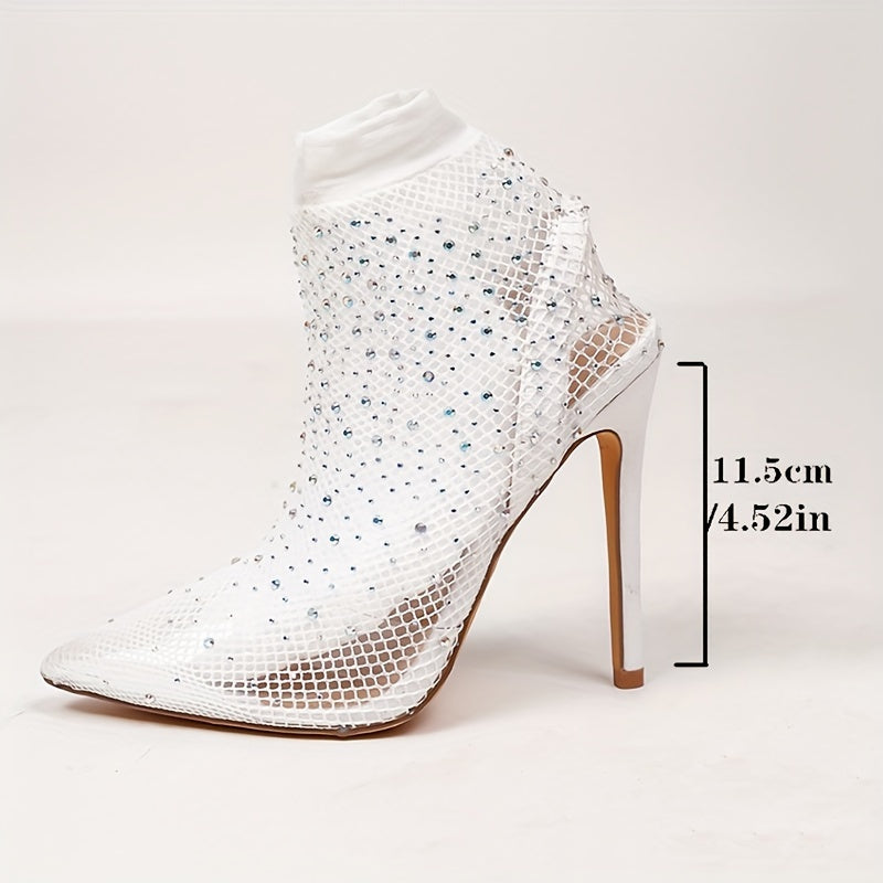1pair Sexy High Heels Women's Summer Breathable Hollow Stocking Mesh Boots, New Rhinestone Pointed Toe Stiletto Heeled Elastic Socks Boots