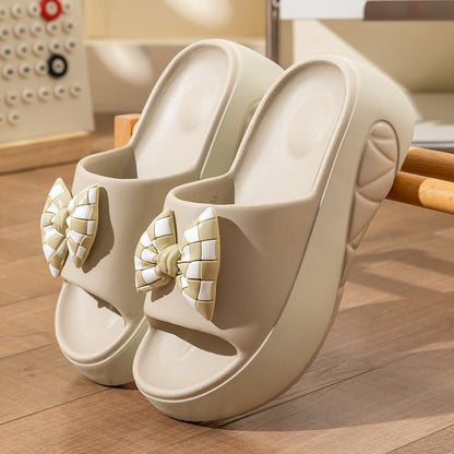 [Chic Summer Sandals] Non-Slip Thick Sole Summer Women's Slide Sandals - Chic EVA Wedge Heels with Bow Detail, Versatile Solid Color