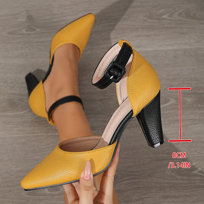 Elegant Solid Color Pointed Toe Block Heel Pumps - 1 Pair D'Orsay High Heels for Women - Ankle Strap, Polyurethane Upper/Inner/Sole/Insole, All-Season Fashion Dress Shoes
