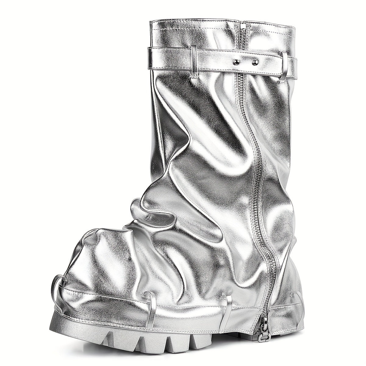 [Metallic Chunky High Heels] Metallic Chunky High Heels Mid-Calf Boots - Stylish Folding Women's Boots - Thick Sole Punk Gothic Motorcycle Shoes