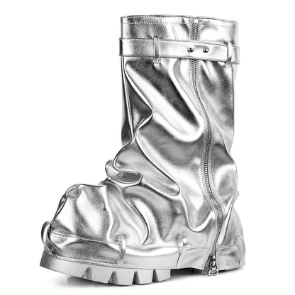 [Metallic Chunky High Heels] Metallic Chunky High Heels Mid-Calf Boots - Stylish Folding Women's Boots - Thick Sole Punk Gothic Motorcycle Shoes