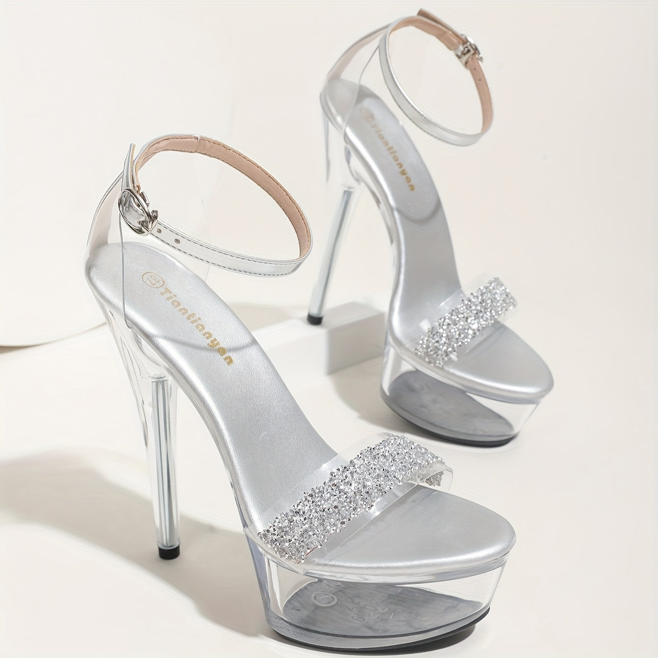 Women'S Sexy Stiletto Heels, Ultra-High Transparent Crystal Shoes with Steel Toe & Ankle Strap, Round Toe Platform Dress Shoes for Night Out, Party Show, All-Season Wear, Stylish Black & Clear Design, Party Footwear | Elegant