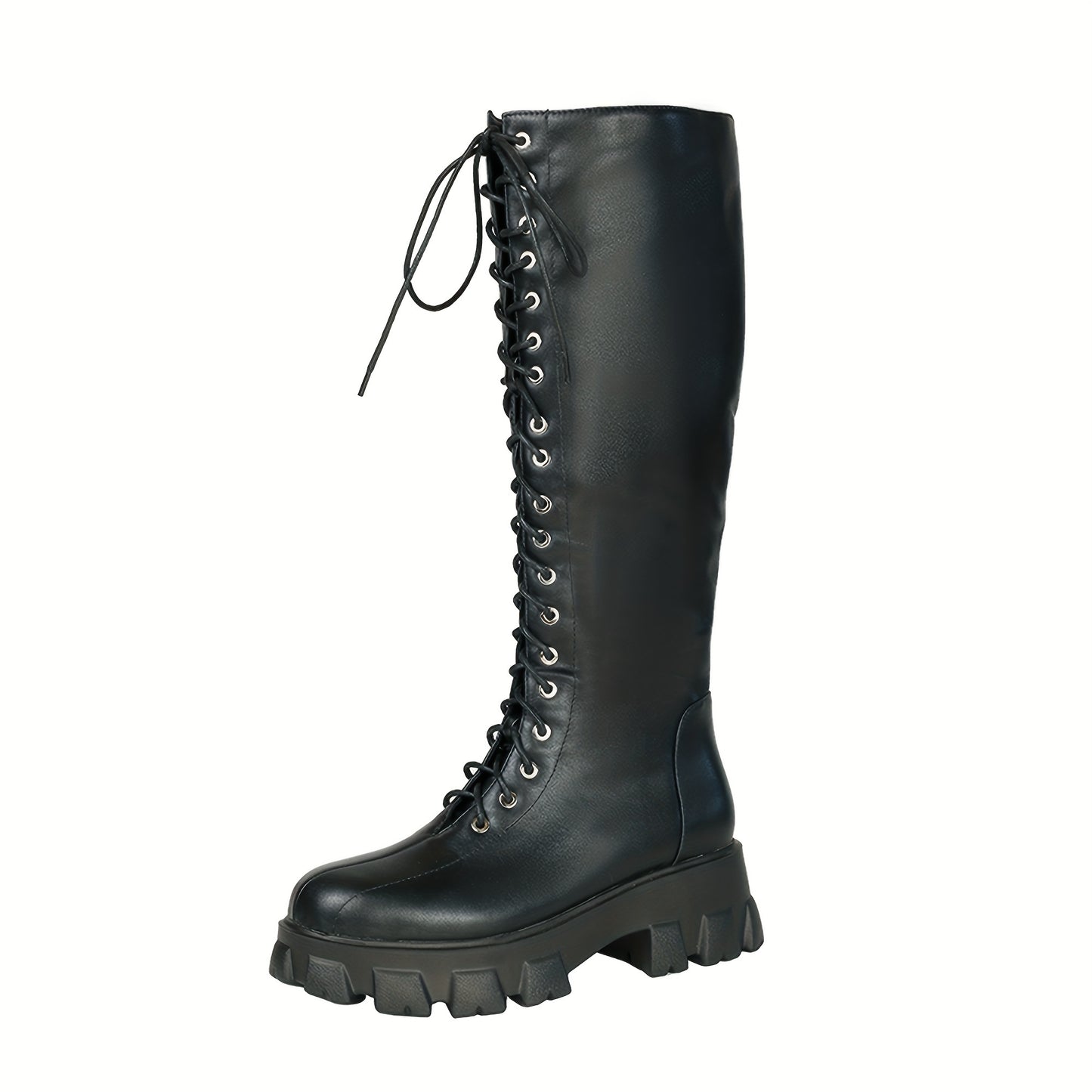 Women's Black Knee High Boots, Laces Up Eyelets Round Toe Long Boots, Sawtooth Sole Flat Heels Shoes