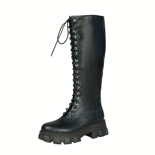 Women's Black Knee High Boots, Laces Up Eyelets Round Toe Long Boots, Sawtooth Sole Flat Heels Shoes