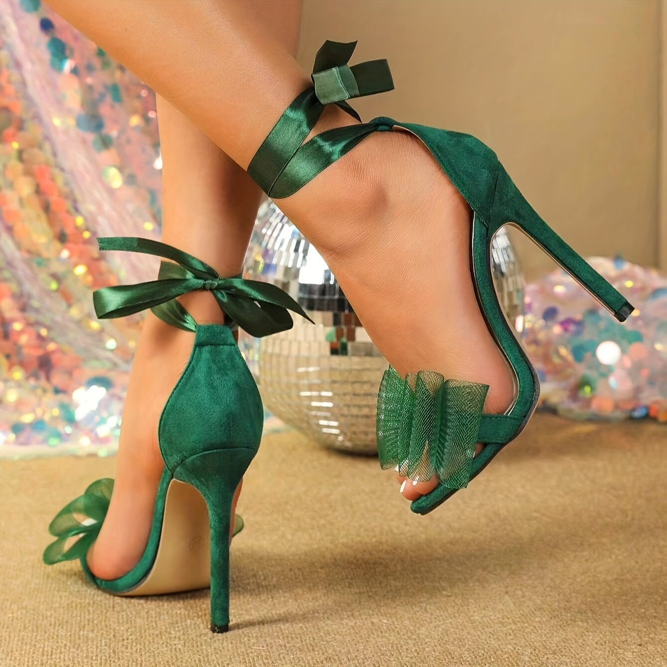 Women's Bow Decor Thin High Heels, Elegant Open Toe Lace Up Stiletto Sandals, Fashion Banquet Dress Shoes