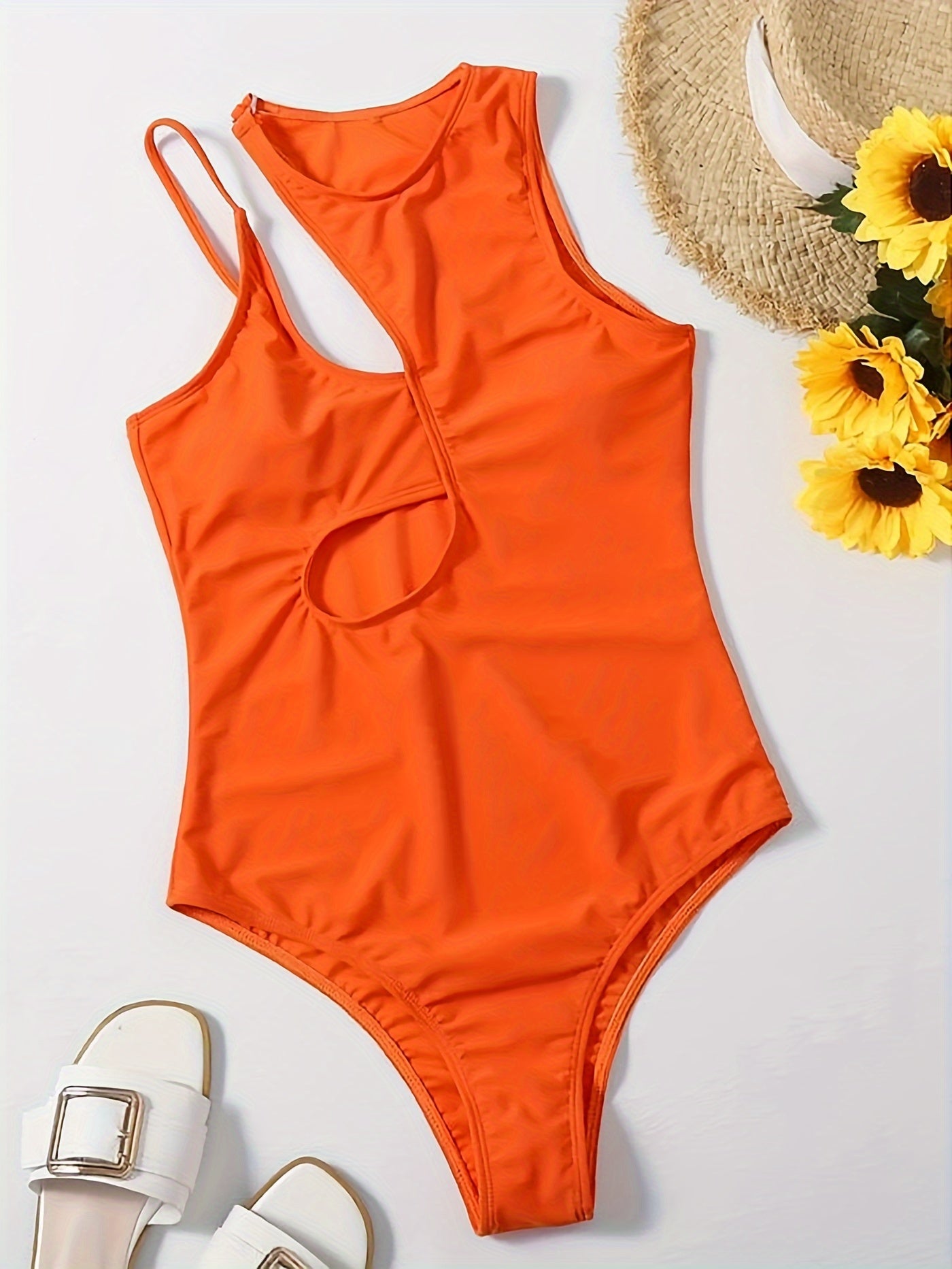 Flattering Asymmetric One Piece Swimsuit - Stretchy & High Cut Design - Solid Color Womens Swimwear for a Chic Beach Look