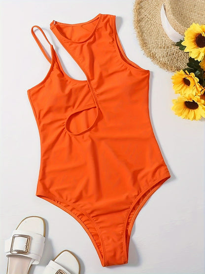 Flattering Asymmetric One Piece Swimsuit - Stretchy & High Cut Design - Solid Color Womens Swimwear for a Chic Beach Look