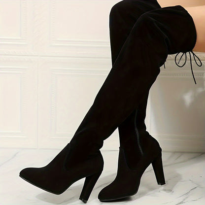 Women's Solid Colored Long Boots With Thick Heels And Side Zippers, Knee Boots, Winter Lace Round Toe Repair Boots