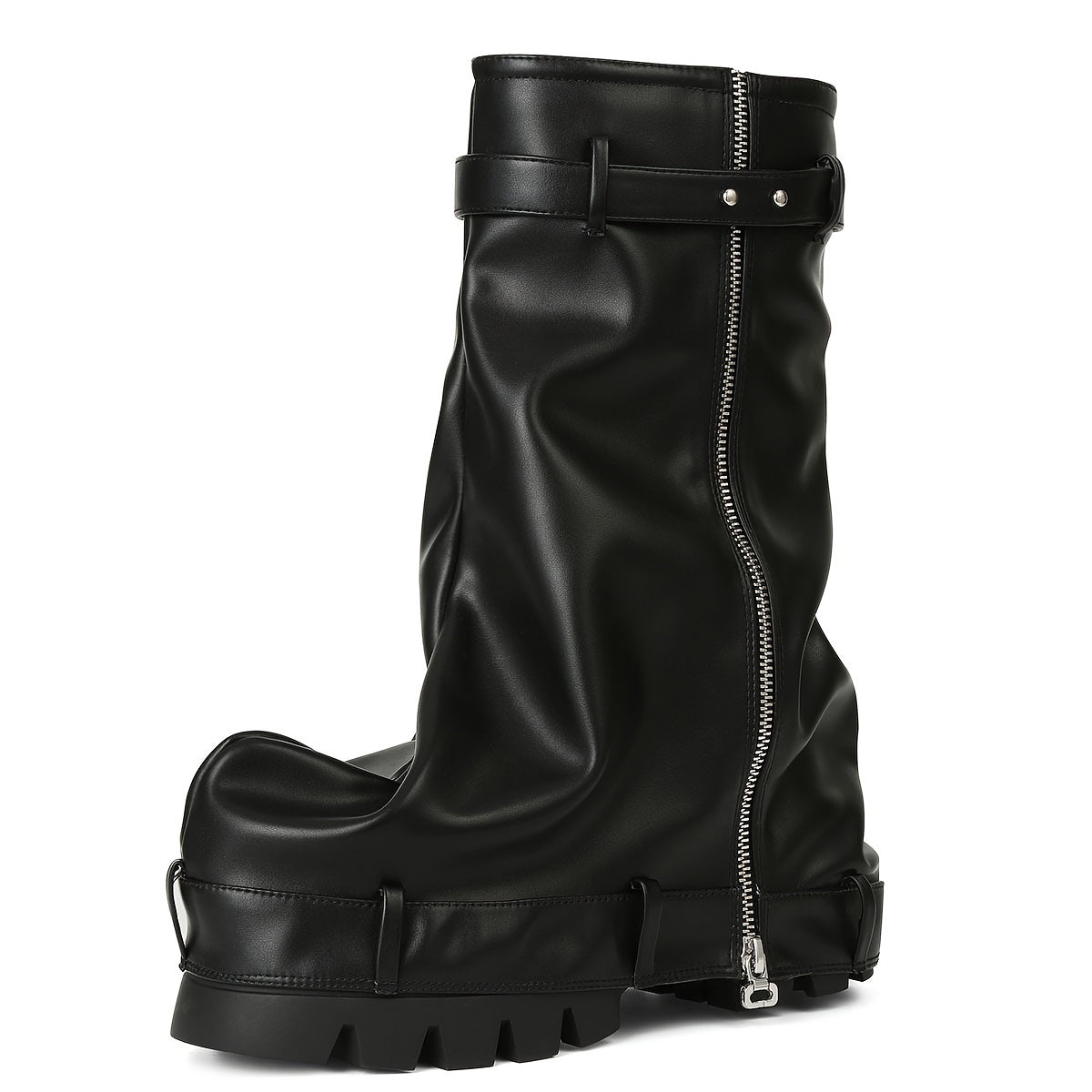 [Metallic Chunky High Heels] Metallic Chunky High Heels Mid-Calf Boots - Stylish Folding Women's Boots - Thick Sole Punk Gothic Motorcycle Shoes