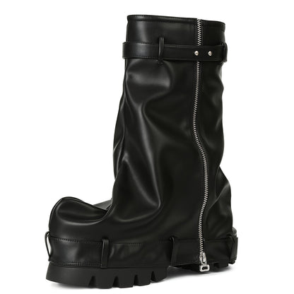 [Metallic Chunky High Heels] Metallic Chunky High Heels Mid-Calf Boots - Stylish Folding Women's Boots - Thick Sole Punk Gothic Motorcycle Shoes