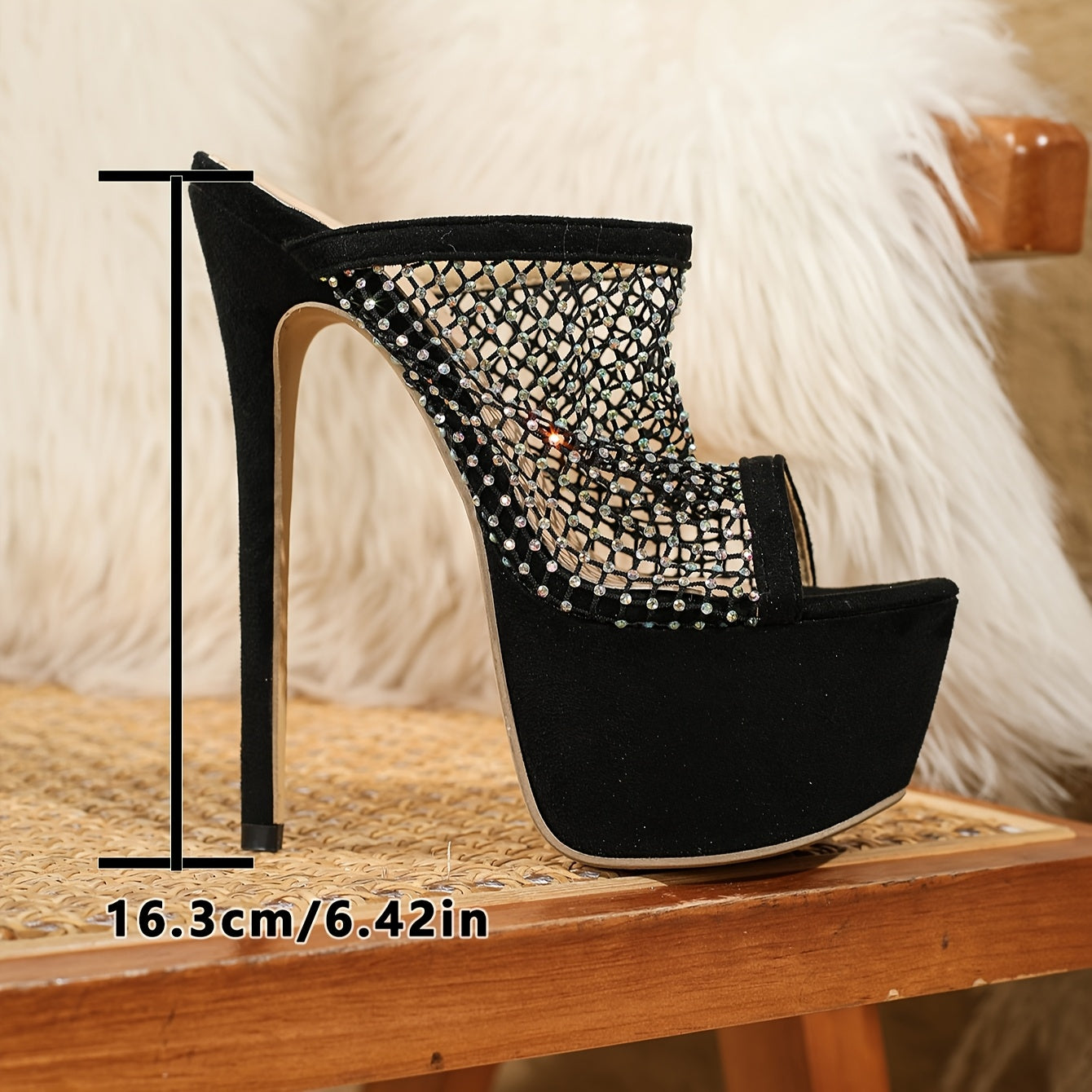 Elegant Black Rhinestone-Embellished Stiletto Sandals - Sexy Peep Toe with Mesh Detail, High Heel Dress Shoes for All Seasons, Slip-On Style, Stiletto Heels