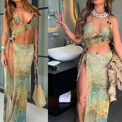 Women's Bohemian Tie-Dye Flowy Long Dress - Halter Neck, Cut-Out Details & S-Shaped Ring Embellishments, Semi-Sheer Sleeveless Summer Dress for Beach Parties & Casual Outings, Casual Summer Wear | Summer Style | Elegant Drape