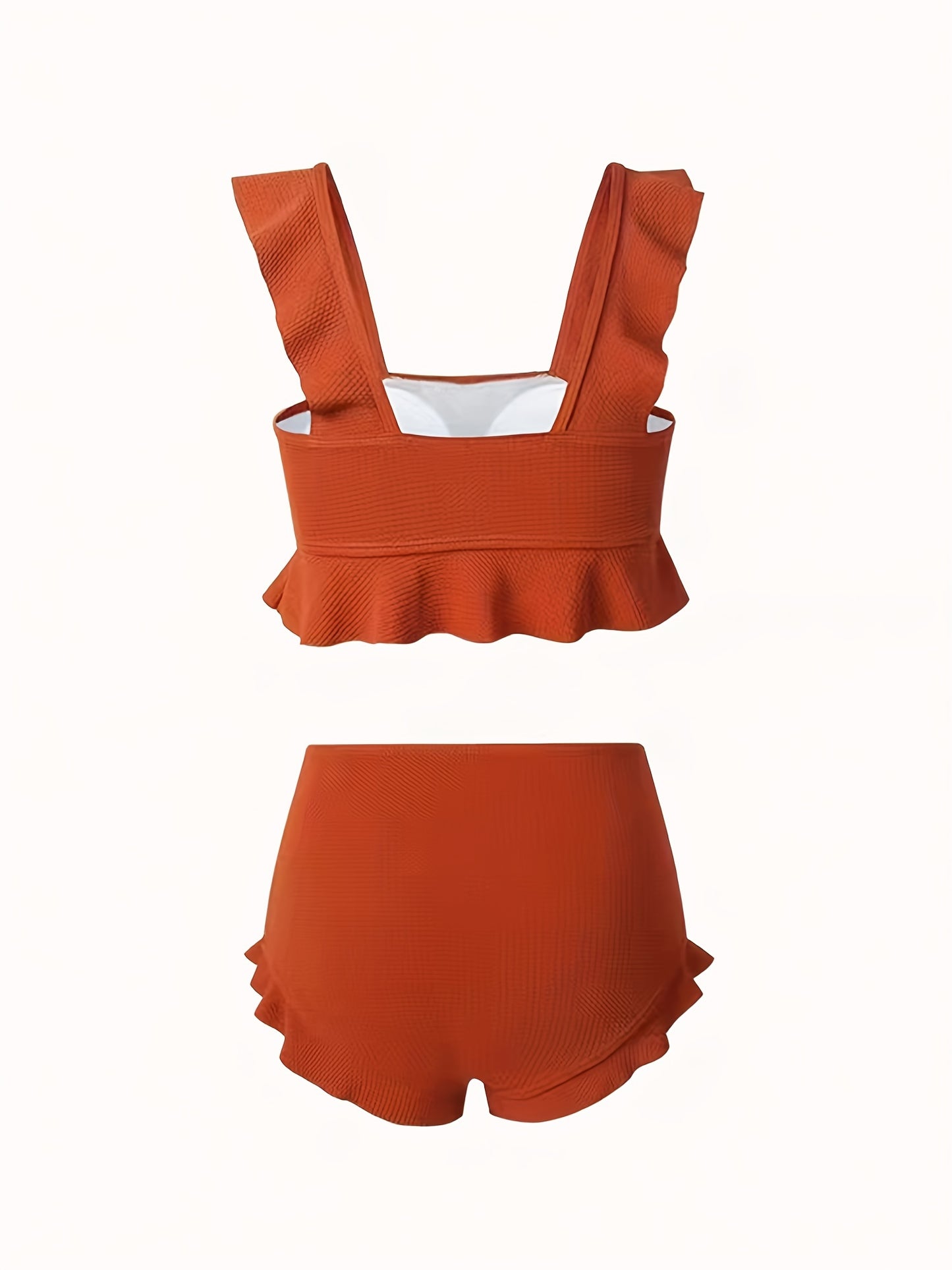 High Waist 2 Piece Ruffle Trim Black Stretchy Solid Color Bikini, Cute & Stylish Women's Swimwear & Clothing