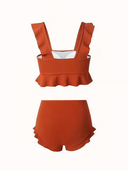 High Waist 2 Piece Ruffle Trim Black Stretchy Solid Color Bikini, Cute & Stylish Women's Swimwear & Clothing
