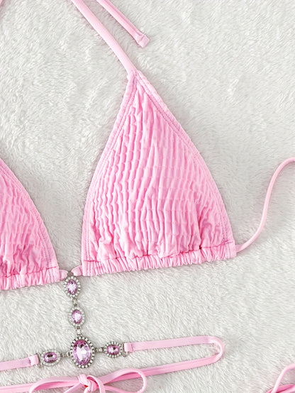 Rhinestone Textured Fabric Plain 2 Piece Set Bikini, Halter Criss Cross Tie Strap Swimsuits, Women's Swimwear & Clothing