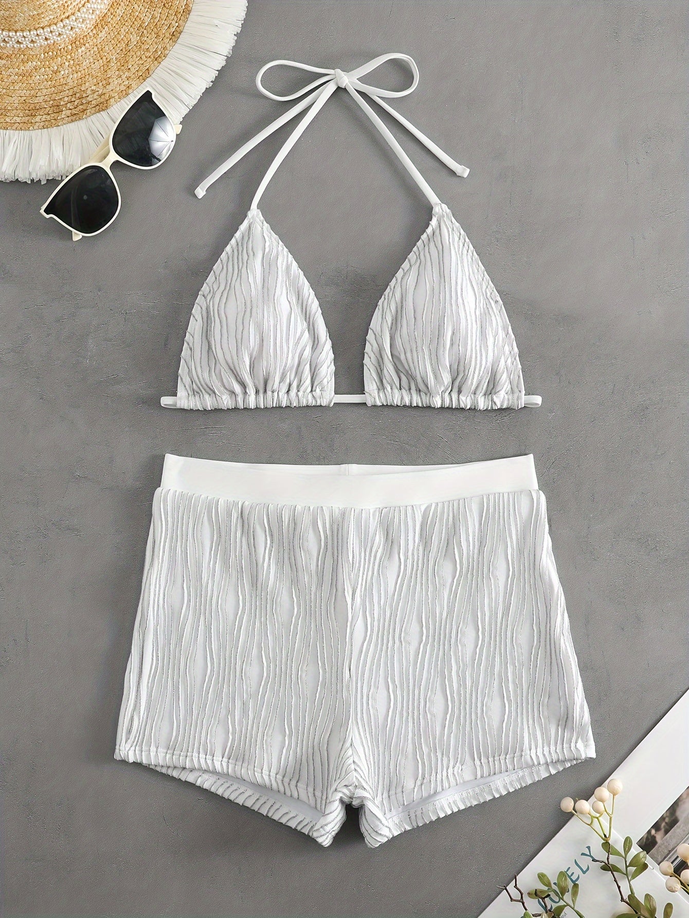 2 Piece Pleat Glitter Bikini Set - Stylish Triangle Halter Neckline with Adjustable Tie Strap Top and High Waist Shorts Swimsuits - Dazzling Black Glitter Fabric, Womens Swimwear and Clothing for Beach, Pool, or Water Park Fu