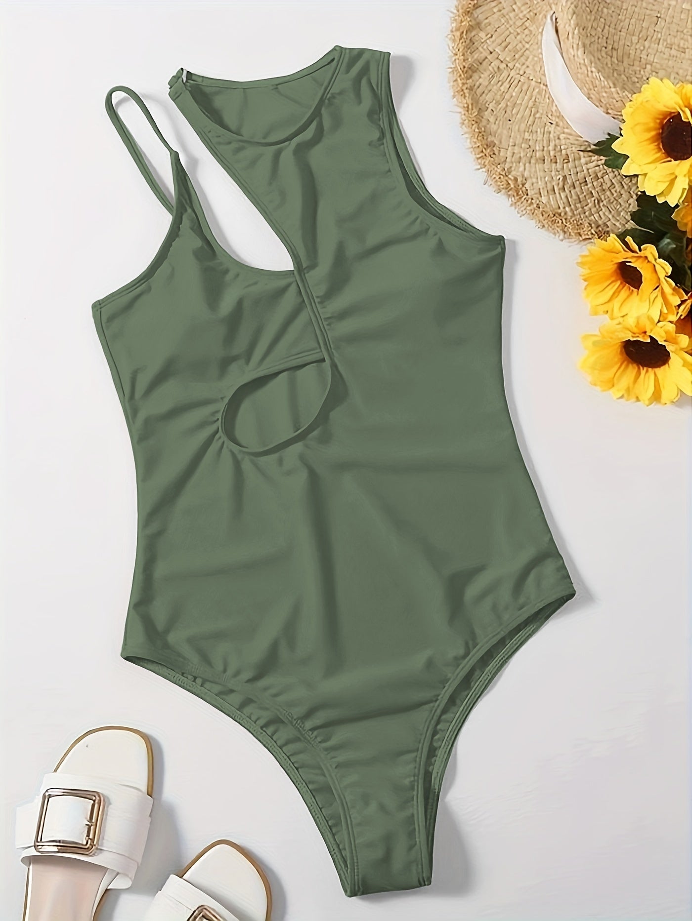 Flattering Asymmetric One Piece Swimsuit - Stretchy & High Cut Design - Solid Color Womens Swimwear for a Chic Beach Look