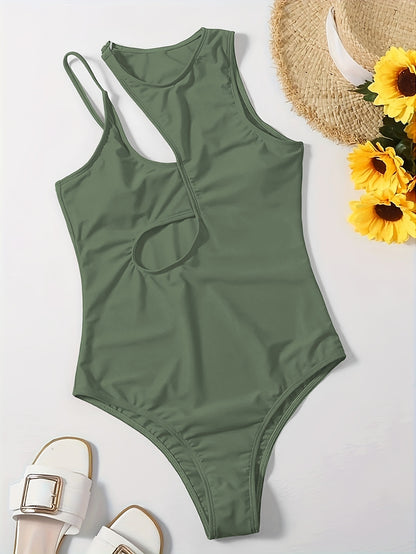 Flattering Asymmetric One Piece Swimsuit - Stretchy & High Cut Design - Solid Color Womens Swimwear for a Chic Beach Look