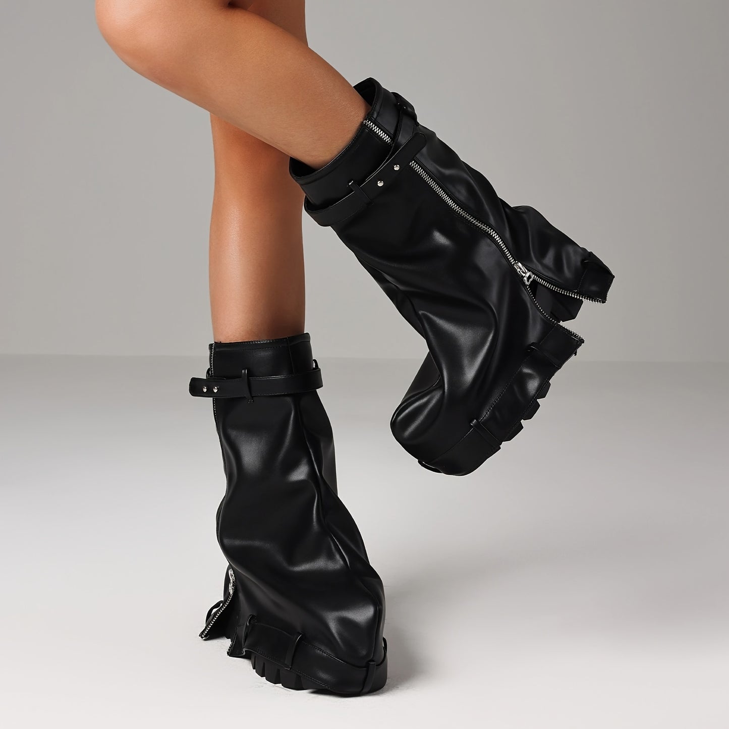 [Metallic Chunky High Heels] Metallic Chunky High Heels Mid-Calf Boots - Stylish Folding Women's Boots - Thick Sole Punk Gothic Motorcycle Shoes