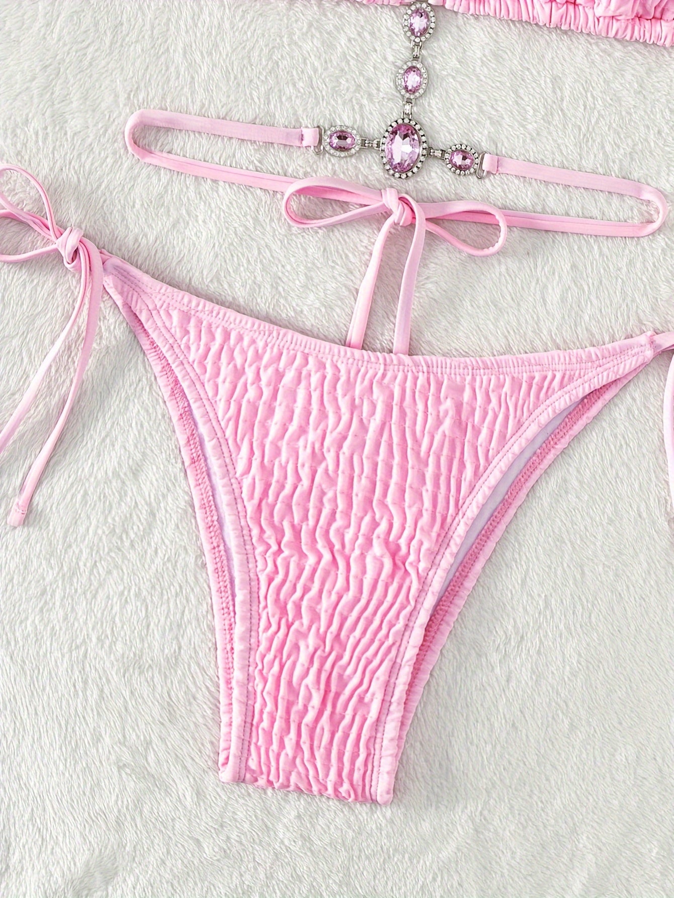Rhinestone Textured Fabric Plain 2 Piece Set Bikini, Halter Criss Cross Tie Strap Swimsuits, Women's Swimwear & Clothing