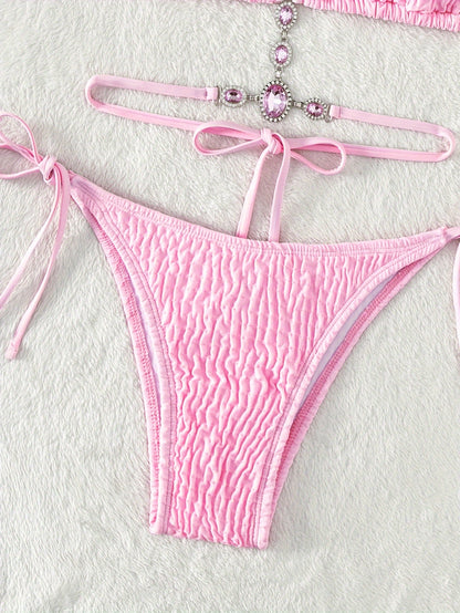Rhinestone Textured Fabric Plain 2 Piece Set Bikini, Halter Criss Cross Tie Strap Swimsuits, Women's Swimwear & Clothing