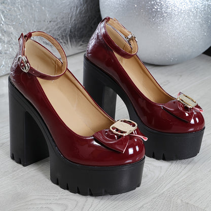 1 Pair Women'S Fashionable All-Season Round Toe Block Heel Shoes, Sexy Waterproof Platform High Heels, Shiny Faux Party Footwear with Adjustable Ankle Strap