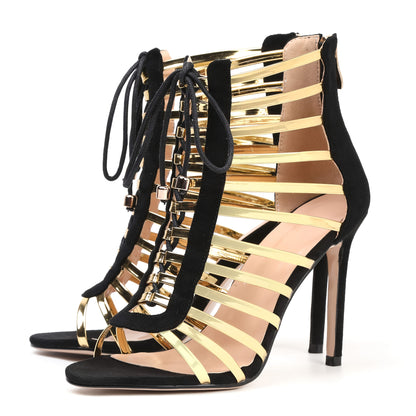Stylish Chic Women's Black & Golden Cutout Gladiator Dress High Heels - Open Toe Caged Stiletto Sandals with Ankle Straps, Breathable Design for Spring Events, Elegant Embellishments | Elegant Stilettos