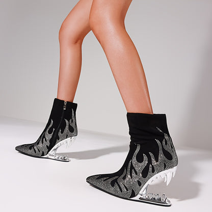 Fashion Women's High Heels - Shiny Rhinestone, Flame Pattern, Pointed Toe, Side Zipper, Cool Shark Teeth Design, Perfect for Party Nightclub, Ankle Booties