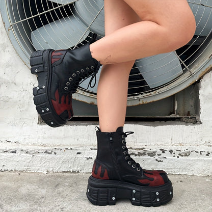 Halloween Women'S Flat Platform Ankle Boots Black High Heels Round Toe Thick Sole Mid Calf Booties Metal Decor Y2K Fashion Sports Shoes