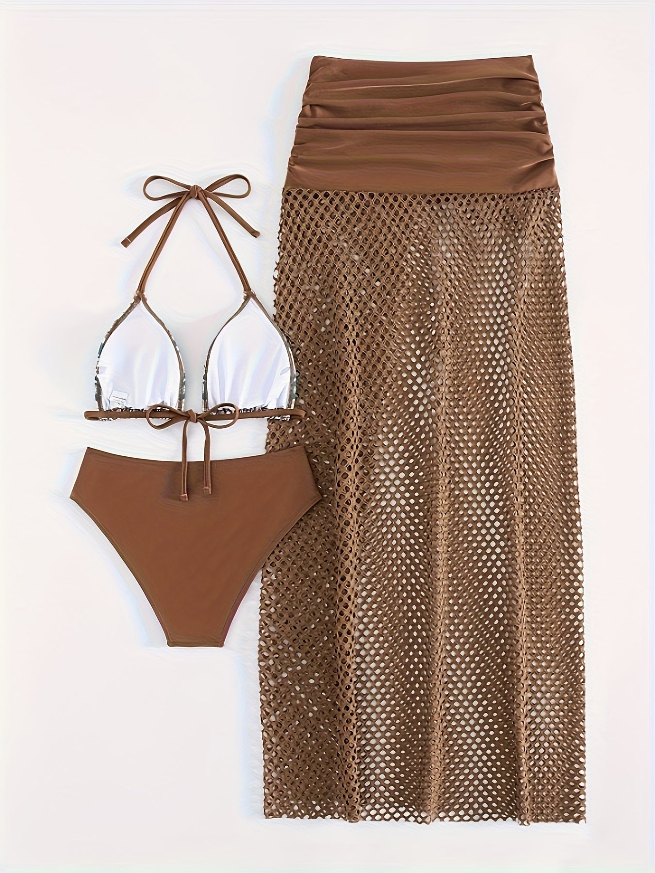 3 Piece Set Tribal Print Bikini - Halter Neck High Cut Swimsuit with Hollow Out Cover-Up Skirt, Women's Swimwear & Clothing for Beach Vacation