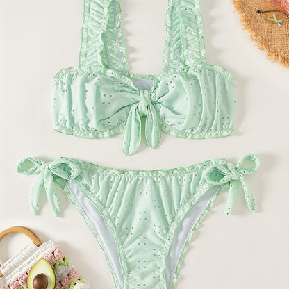 2 Piece Eyelet Embroidery Frill Stretchy Knot Bikini Set - Cute, Comfortable, and Chic Women's Swimwear with Plain White Color - Perfect for Beach, Pool, and Summer Vacation