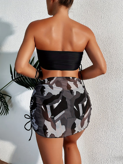 Black Solid Color Bikini Three-Piece Set with a Drawstring Sheer Skirt for Women
