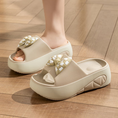 [Chic Summer Sandals] Non-Slip Thick Sole Summer Women's Slide Sandals - Chic EVA Wedge Heels with Bow Detail, Versatile Solid Color