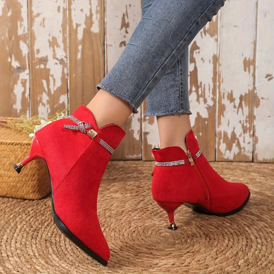 [Metal Buckle Ankle Boots] Velour Thick Pointed Mid-Heels Metal Buckle Ankle Boots - Autumn and Winter Fashion Women's Boots