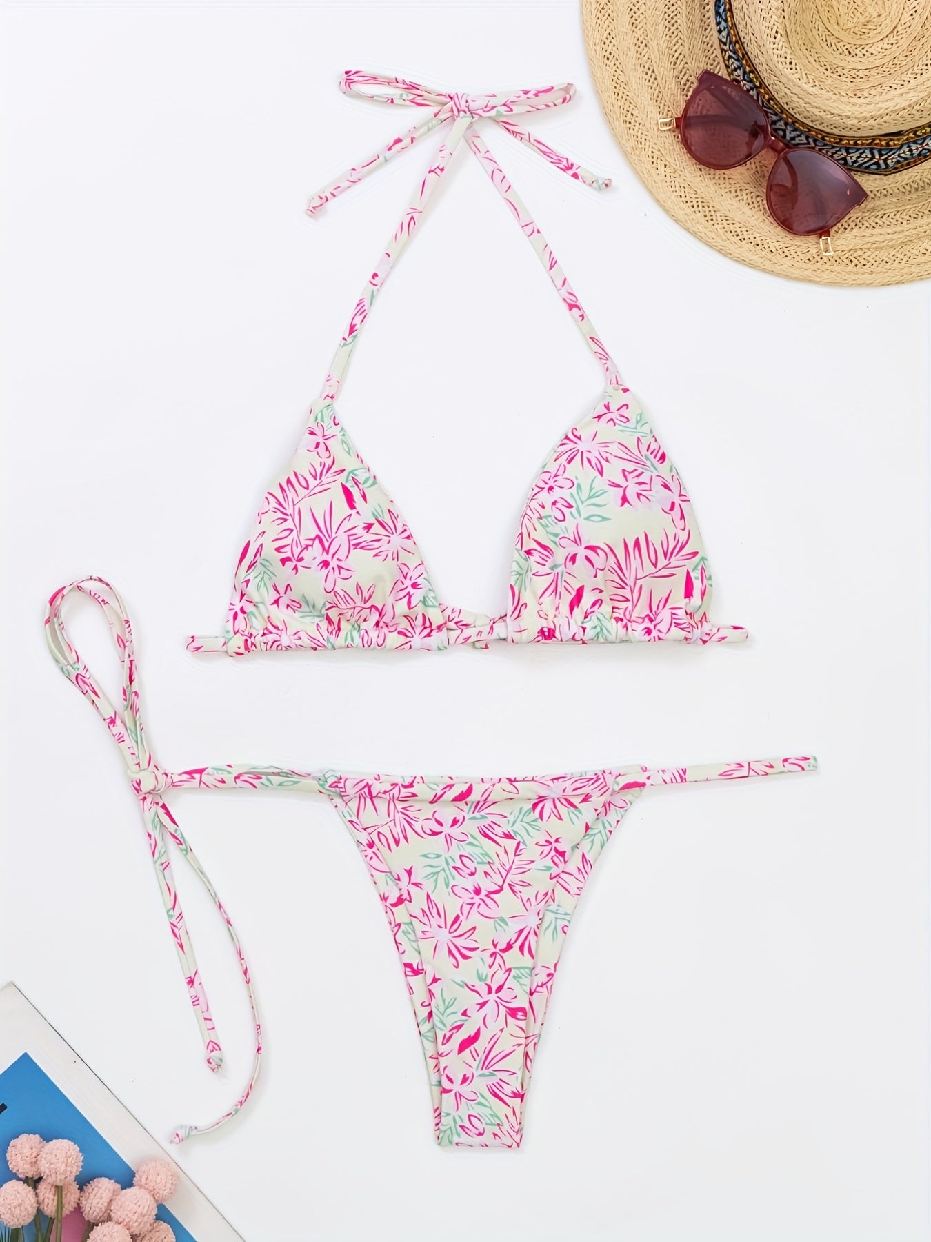 2 Piece Tie Side Halter Neck Bikini Swimsuit - High Stretch Polyester, Lace Up, Triangle Spaghetti Straps, Sexy & Cute, Machine Washable, Random Floral Print, Knit Fabric, Womens Swimwear & Clothing