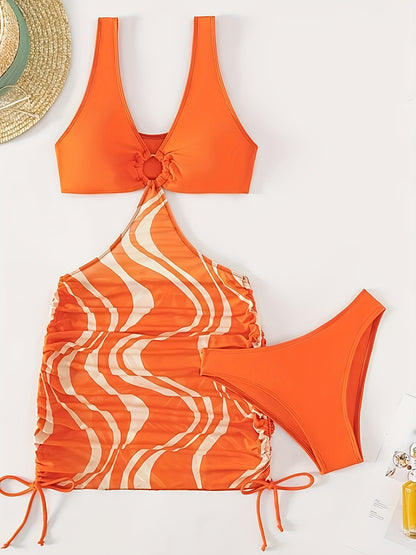 2-Piece Wavy Striped Print Tankini Swimsuit Set - High Stretch, V Neck, Strapless, Hollow Out, Polyamide Fabric, Random Print, Knit Fabric - Womens Swimwear for Swimming