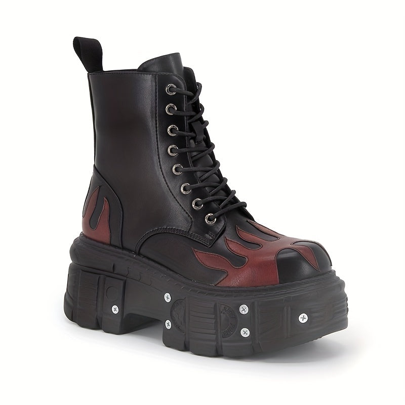 Halloween Women'S Flat Platform Ankle Boots Black High Heels Round Toe Thick Sole Mid Calf Booties Metal Decor Y2K Fashion Sports Shoes