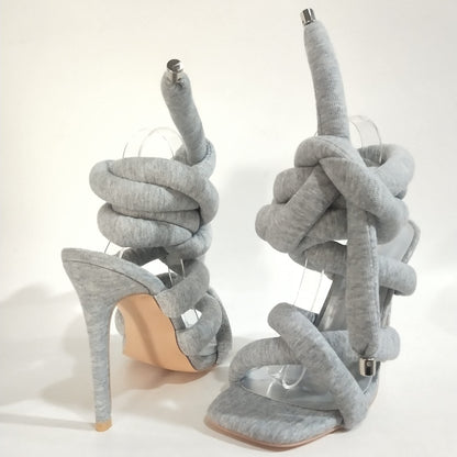 Strappy High Heels Gladiator Sandals - Grey Jersey Knit Fallopian Cloth Rope Lace Up Sexy Open Toe Square Stilettos Tie Up Heeled Sandals - For Women US Size 6-12 - Perfect for Parties & Night Out
