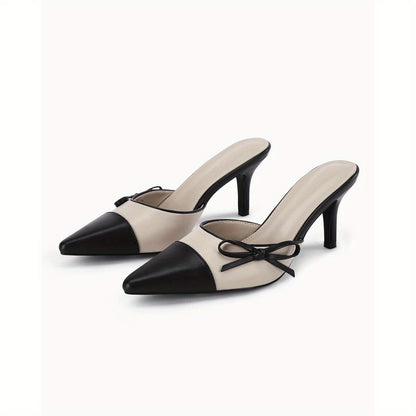 Women'S Two Color Bow Tie Mueller Shallow Dating Shoes Heels Closed Pointed Toe Slip On Backless Wedding Dress Shoes