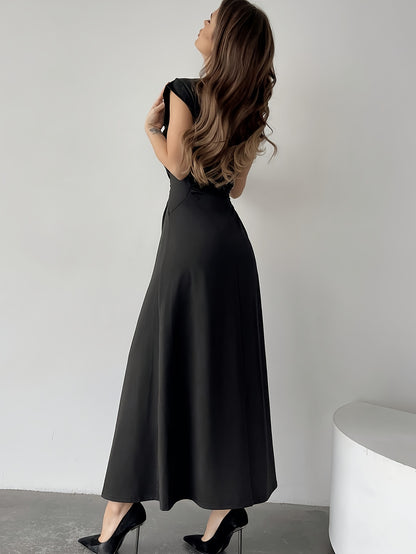Elegant Peplum Maxi Dress for Women - Polyester Blend, Crew Neck, Solid Color, Sleeveless, Woven Summer Dress