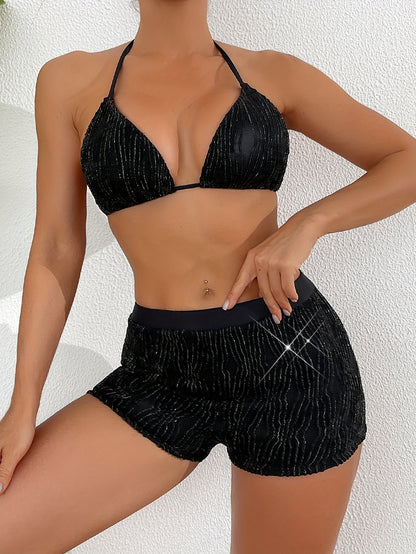 2 Piece Pleat Glitter Bikini Set - Stylish Triangle Halter Neckline with Adjustable Tie Strap Top and High Waist Shorts Swimsuits - Dazzling Black Glitter Fabric, Womens Swimwear and Clothing for Beach, Pool, or Water Park Fu
