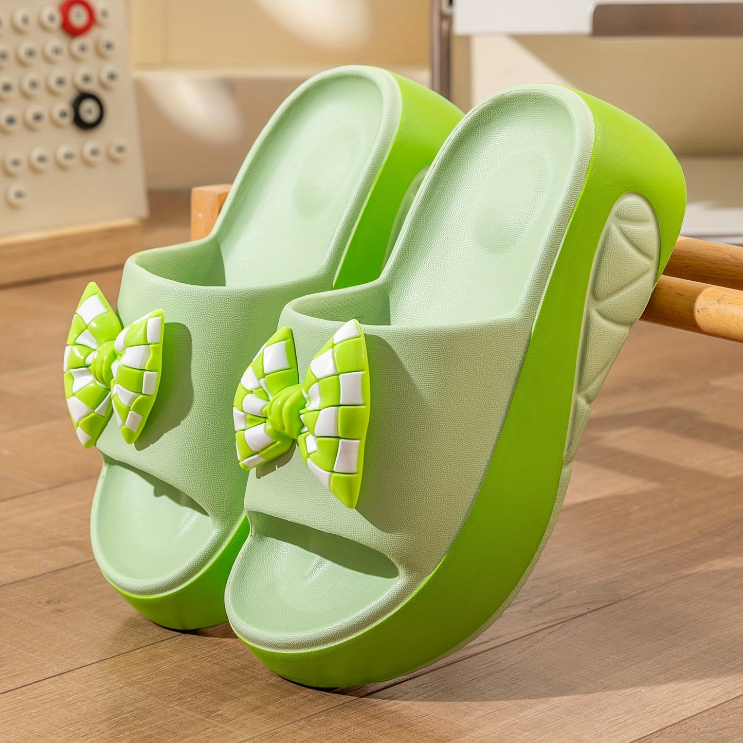 [Chic Summer Sandals] Non-Slip Thick Sole Summer Women's Slide Sandals - Chic EVA Wedge Heels with Bow Detail, Versatile Solid Color