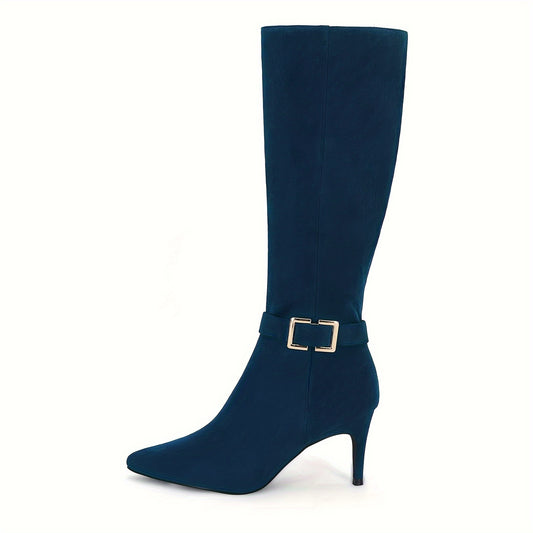 Women's Knee High Boots, High Heels, Suede Leather, Pointed Toe, Wide Calf, Metal Buckle, Side Zipper, Winter Boots
