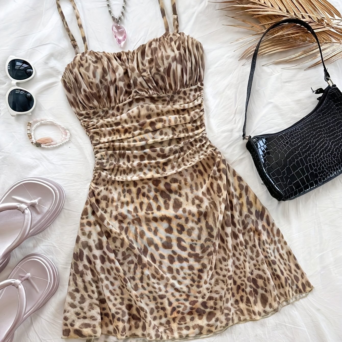 Sexy Leopard Print Mesh Suspender Dress for Women - Ruched Bodice, Sleeveless Summer Dress with Adjustable Thin Straps, Perfect for Casual or Stylish Outfits, Summer Fashion | Leopard Print Dress | Mesh Detailing, Cute Dresse