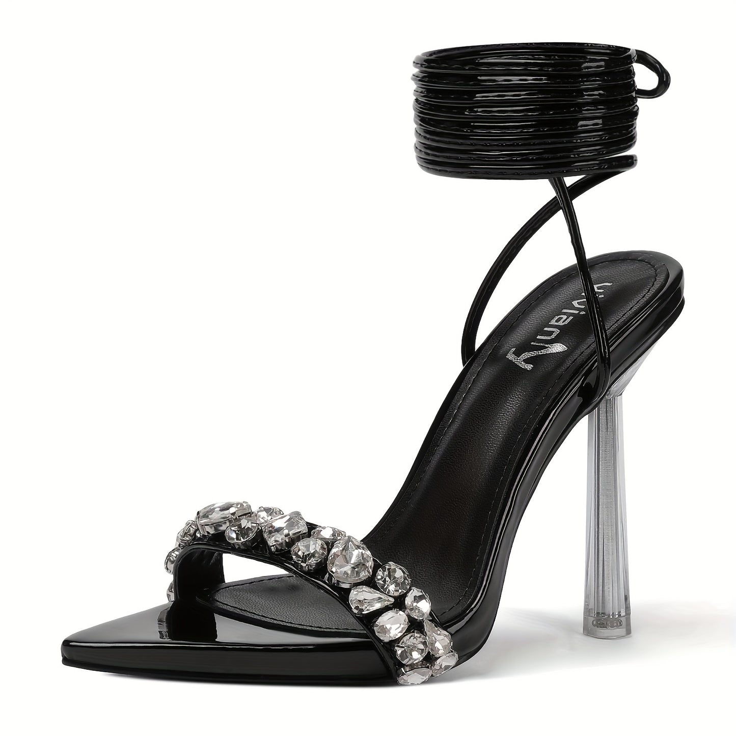 Vivianly Strappy Stiletto Clear High Heels Rhinestone Lace Up Heeled Sandals Pointed Toe Pumps Wedding Bride Dress Shoes