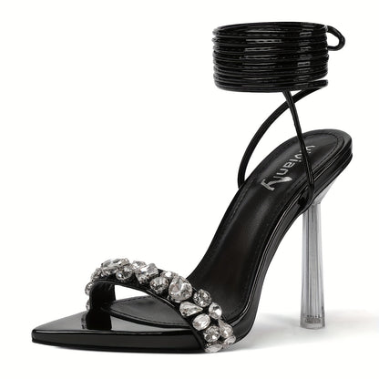 Vivianly Strappy Stiletto Clear High Heels Rhinestone Lace Up Heeled Sandals Pointed Toe Pumps Wedding Bride Dress Shoes
