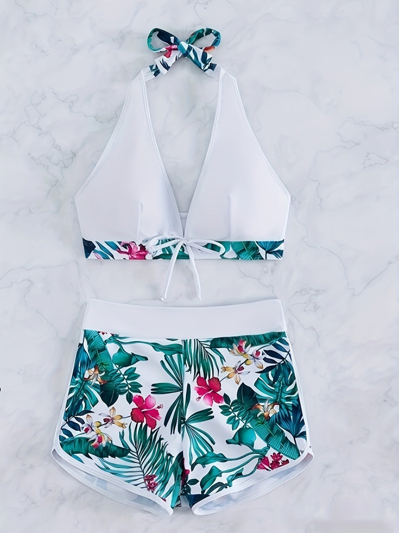 2 Piece Tropical Floral Print Halter V-Neck Bowknot Bikini Set - High Stretch, Quick Dry, Hand Washable, Comfortable Swimwear for Women with Random Floral Pattern and Contrast Trim Details - Polyamide Material, Knit Fabric, N