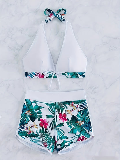 2 Piece Tropical Floral Print Halter V-Neck Bowknot Bikini Set - High Stretch, Quick Dry, Hand Washable, Comfortable Swimwear for Women with Random Floral Pattern and Contrast Trim Details - Polyamide Material, Knit Fabric, N