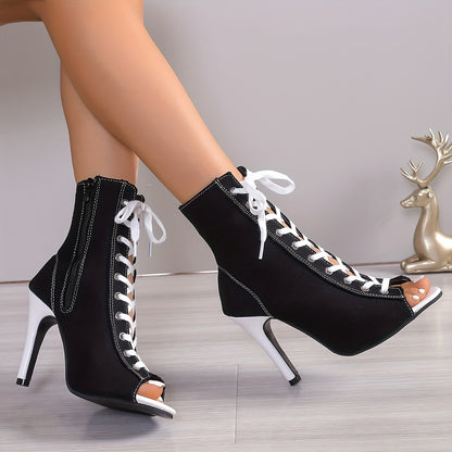 Women's Black Ankle Boots with Lace-Up Closure, High Stiletto Heels & Peep Toe Design - Summer Fashion Shoes for Stylish Occasions, Chic Daywear Boots | Laceup Boots | Fabric Upper Boots, High Heel Boots