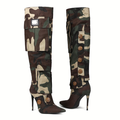 Women Tried Knee-high Boots Pointed High Heels Asymmetrical Camouflage Willow Nails Fashion Locomotive Sexy Banquet Stilettos Mandarin Duck Shoes